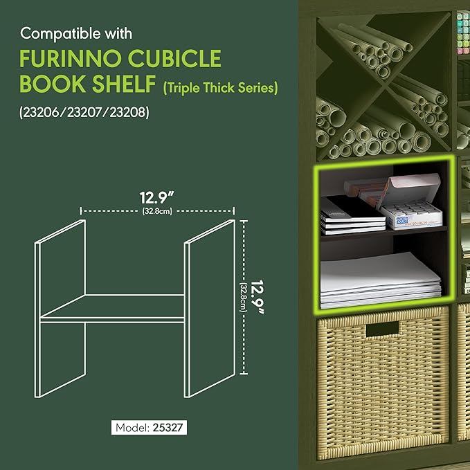 Furinno Cubicle Cube Insert, H-Shelf Cube Organizer, 2-Tier Shelf Accessory, Fits into Furinno Triple Thick Cubes, IKEA Kallax, for Organizers and Storage, Black Dark Oak