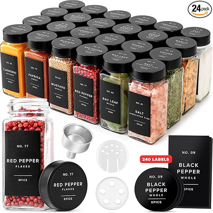 Glass Spice Jars with Label and Stainless Steel Covered/Plated Lids (24 x 4oz) Spice Containers with 240 Labels, Shaker Inserts, Steel Funnel, Empty Square Empty Square Seasoning Organizer