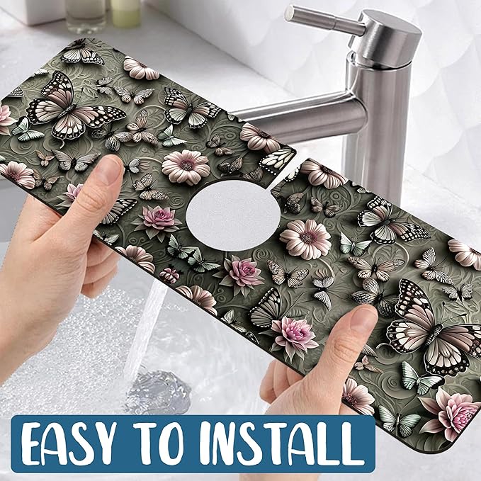 Cute Butterfly Sink Splash Guard Pink Flower Faucet Absorbing Mat Fast Drying Mat Sink Gadgets Splash Guard Behind Faucet Drip Catcher for Kitchen Bathroom, 15.5"x5.5"