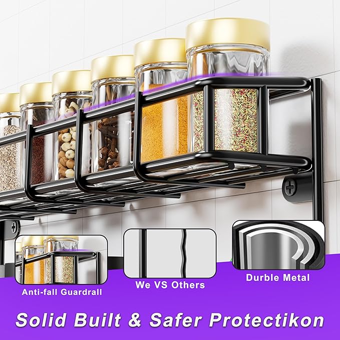 SUFAUY Wall Mounted Spice Rack, 6 Tier Heavy-Duty Metal Shelf for Kitchen Pantry, Black