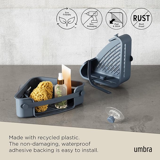 Umbra Flex Adhesive Shower Corner Shelf for Bathroom, Slate Blue
