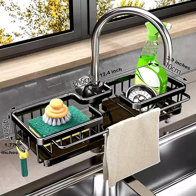 Sink Organizer Rack for Kitchen and Bathroom,Stainless Steel Detachable Hanging Faucet Drain Rack with Drip Tray Faucet Sponge Holder for Bathroom (Black, L&R as One)