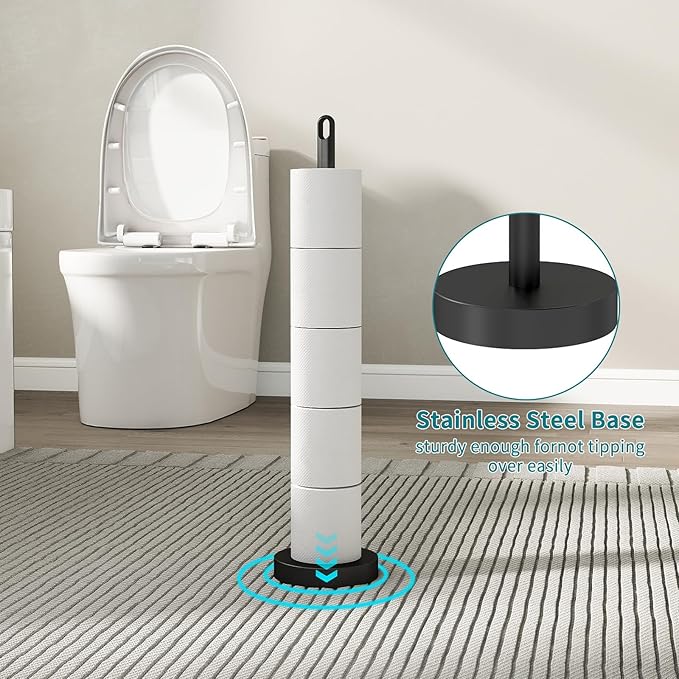 Toilet Paper Holder Stand, Free Standing Tissue Paper Roll Storage Holder with Reserve for Bathroom Countertop with Stainless Steel Heavy Weighted, 1Pack Matte Black