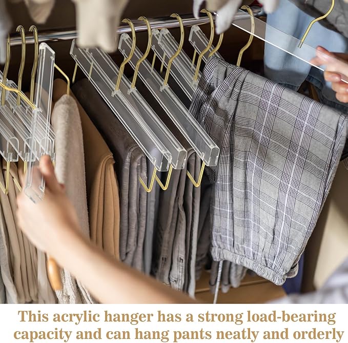 Chunful 10 Pcs Clear Pants Hanger Acrylic Clothes Hangers with Gold Hooks and Bar Heavy Duty Clothes Skirt Jeans Hook Storage and Organizer for Home Cabinet Shop Dress, 12.7 x 6 Inch