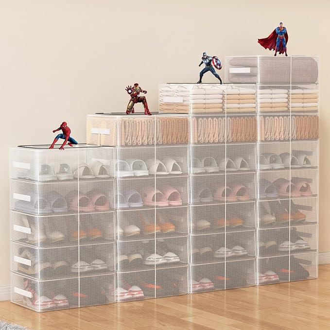 Stackable Shoe Boxes with Clear Lids, 15.8-Inch Boot Storage Bins with Handles for Bedroom Dormitory Under-Bed (3 Pack, 19Qt, 15.8x11.8x6in)