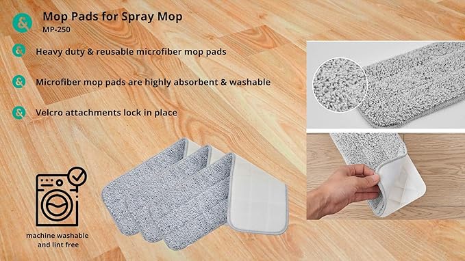 True & Tidy, Extra Thick Microfiber Mop Pad Pack Refill for SPRAY-250 Spray Mop SPRAY-360 Spray Mop Kit SWEEP-180 Sweeper Mop, Fits Other Mops, Machine Washable up to 100x, 15.5 x 5 inch (3-Pack)