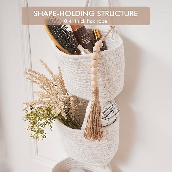 Fabric Wall Hanging Organizers - Small Woven Baskets Pouches Set Boho Style Wall Mounted Bag with Adhesive Hook, Storage Decoration Pocket Caddy for Closet Playroom RV Nursery (White & White)