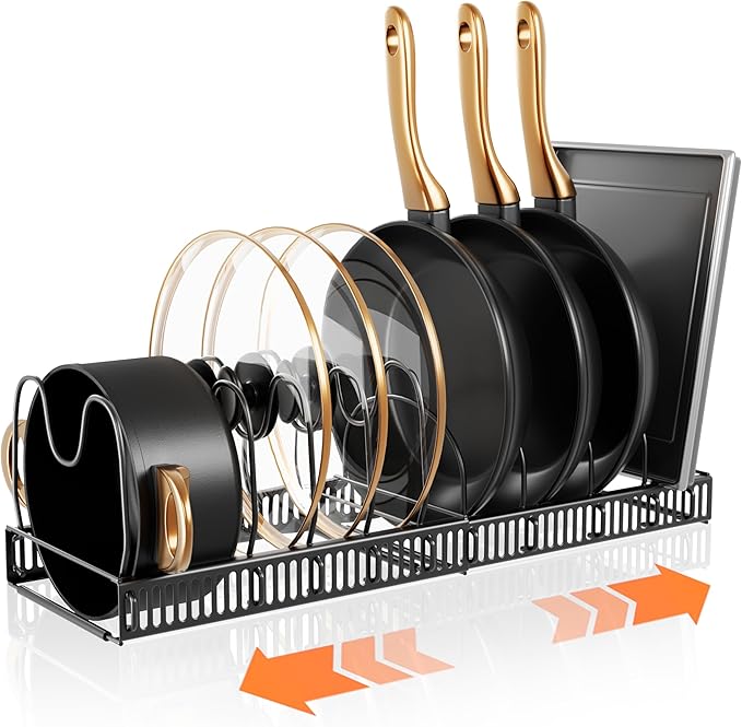 Pots and Pans Organizer Rack for Under Cabinet Expandable Pot Lid holders inside Organizer 10 Adjustable Divider Pan organizer 11.81''-22.85'' Pan lid organizer for cabinet Organizer for Bakeware