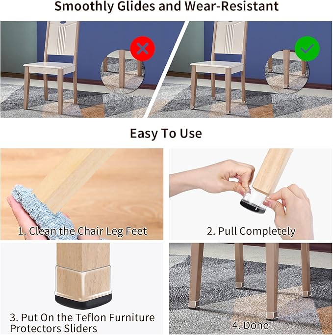 Ezprotekt Chair Leg Sliders for Carpet, 24 Pcs Square Chair Glides for Carpet, Carpet Furniture Pads Stool Leg Protectors Caps, Carpet Furniture Glides Quickly and Easily (L Fit:1" - 1.4")