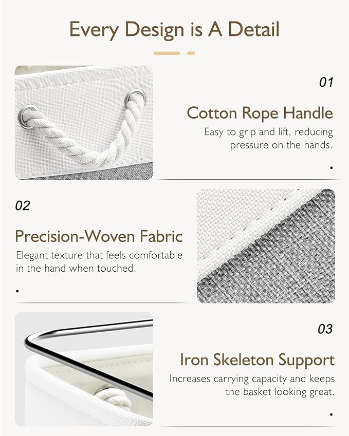 11 Inch Cube Storage Bins, 6 Pack Fabric Storage Cubes with Rope Handles, Organizer Baskets for Closet Shelves, Clothes and Home Organization(White/Gray)