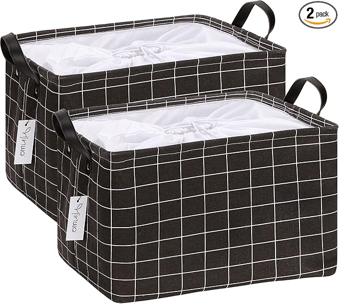 Hinwo 2-Pack Large Canvas Fabric Storage Basket with Handles, 33L/8.6-Gal Rectangle Bin, Collapsible Storage Box, Clothes, Toys, Blankets Organizer, 16.5 x 12 x 10 Inches (L, Black Grid)