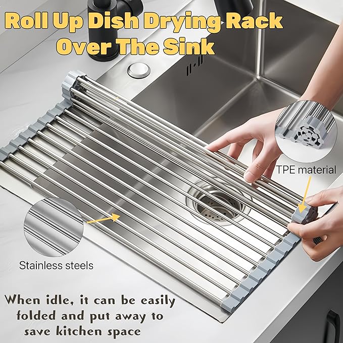 Roll Up Dish Drying Rack, 21.3" x 15.8" Over The Sink Dish Drying Rack, Kitchen Dish Rack Foldable Dish Drainer, Stainless Steel Dish Drying Rack for Kitchen Sink Counter Storage (Grey)