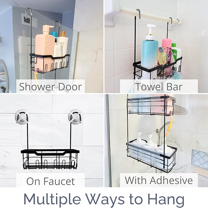 Small Shower Caddy Hanging - Shower Door Caddy Hanging with Rotatable Hooks and Adhesive Mount - Perfect for Bathroom Toiletries - Spacious & Convenient Bathroom Storage Solution 304 Stainless Steel