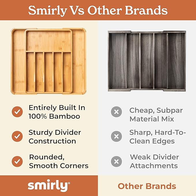 SMIRLY Silverware Drawer Organizer – Bamboo Kitchen Drawer Organizer, Adjustable Utensil Holder and Cutlery Tray, Drawer Dividers for Flatware and Kitchen Utensils | Adjustable, Drawer Dividers, Flatware, Kitchen Utensils