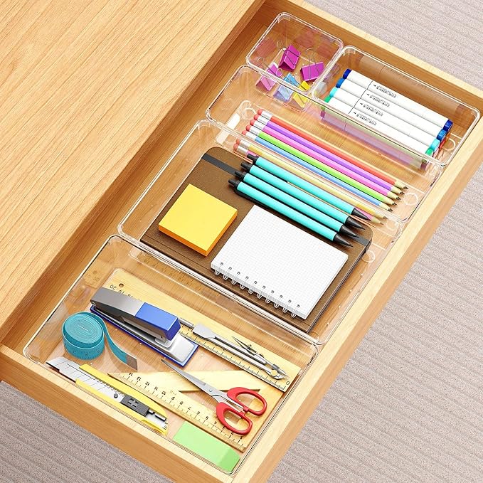 Drawer Organizers Set of 12, 4 Sizes Clear Plastic Drawer Organizers and Storage Bins for Kitchen, Bathroom, Office, Dresser Desk Drawer Organizer Tray for Jewelry, Makeup, Junk, Gadgets