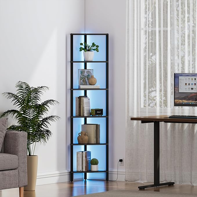 TUTOTAK Corner Shelf with LED Light, 6-Tier Corner Bookshelf for Small Space, Narrow Display Corner Shelf Stand with Storage Rack, for Living Room, Bedroom, Black BS05BK006L