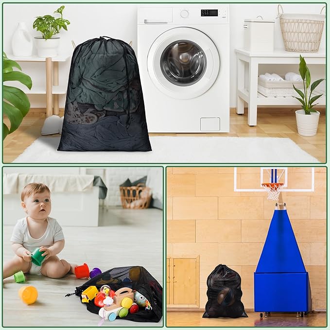 2 Pack Mesh Laundry Bags,Machine Washable Dirty Clothes Organizer with Drawstring and ID Tag, Large Laundry Hamper Liner Enough to Laundry Essentials for Travel, Sports（28" x 40",Black+White)