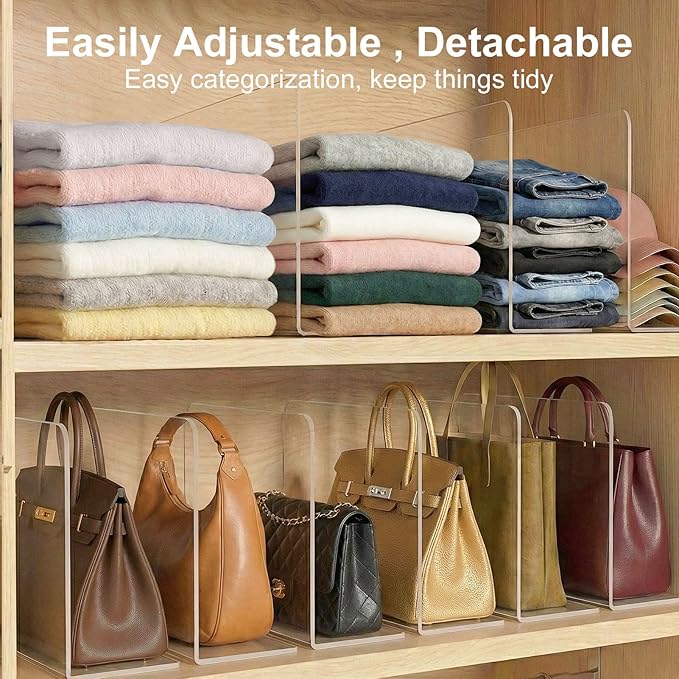 Shelf Dividers for Closet Organization: 12" Tall x 12" Deep, Taller Adhesive Separators Features Acrylic Material and Provides Storage for Clothes and Purses in Bedroom Cabinets(8-Pack)