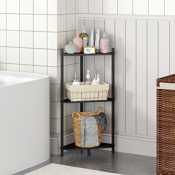 Corner Shelf Stand - 3 Tier Bamboo Small Corner Bookshelf for Office Kitchen Bedroom Plant Stand Living Room Decor Small Space (Black, 3 Tier)