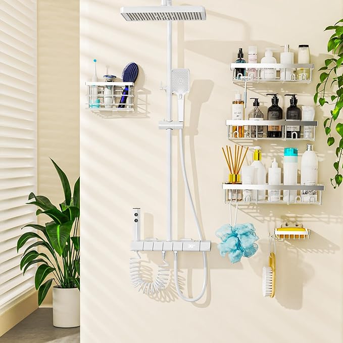 Moforoco Adhesive Shower Caddy Organizer Shelves Rack - 5 Pack Corner Bathroom Storage Organization, Home & Kitchen Decor Inside RV Accessories, Hanging First Apartment Household Camper Essentials