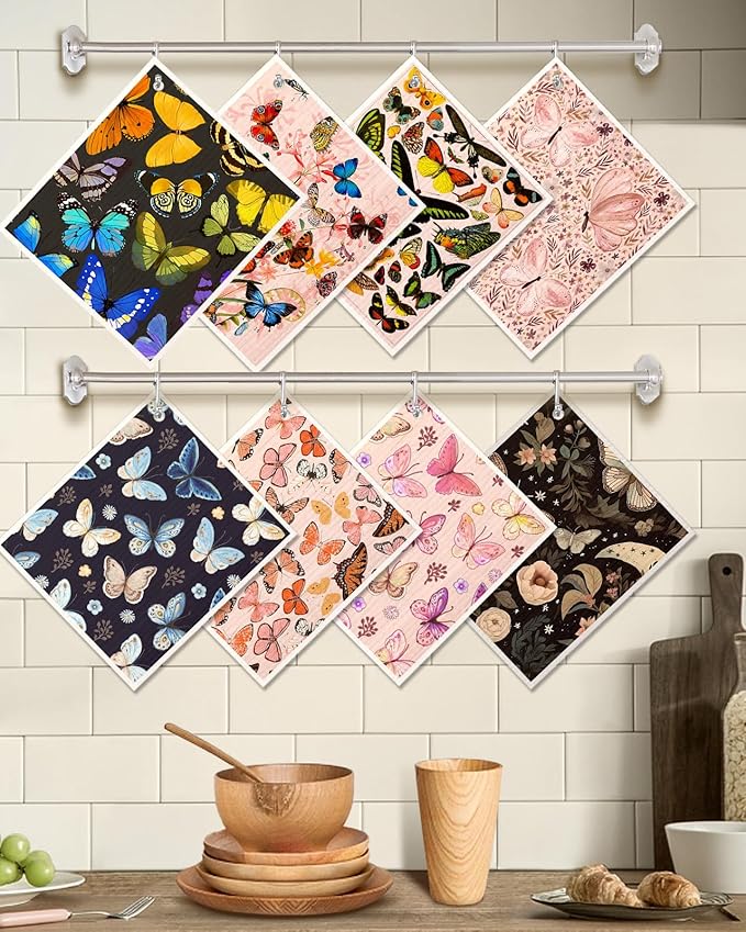 8 Pack Reusable Kitchen Swedish Dishcloths for Washing Dishes Cloths Absorbent Fast Drying Cleaning Sponge Cute Decorate Washable Swedish Towels, Butterfly