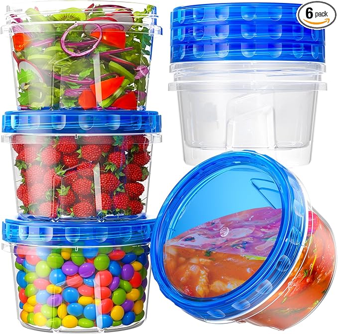 6 Pack-17oz Freezer Storage Containers, Plastic Food Storage Containers with Twist Top Lids, BPA Free and Reusable Soup Containers with Lid, Microwave and Dishwasher Safe