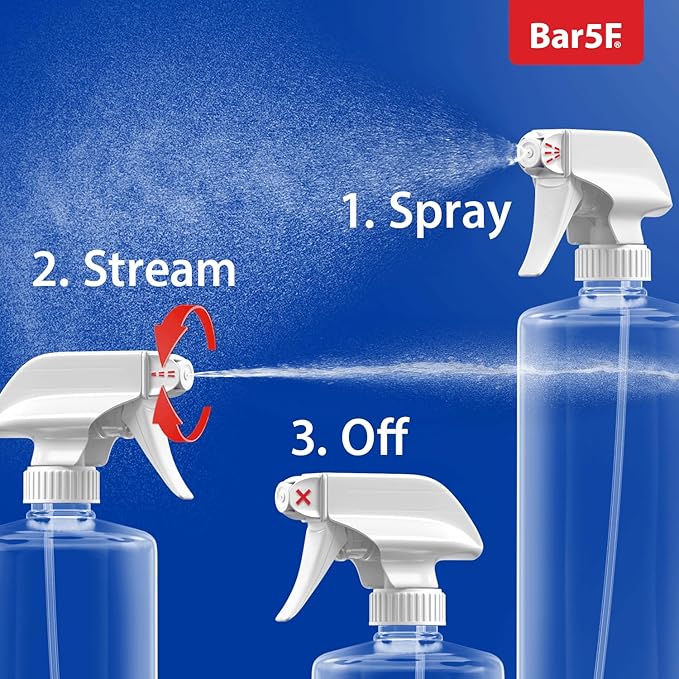 Bar5F Bulk 6-Pack Plastic Spray Bottles with Mixor Trigger, 32 oz | Professional, Leak Proof, Empty, Adjustable Fine to Powerful Sprayer, Refillable | Water Plants, Cleaning Solutions | Crystal Clear