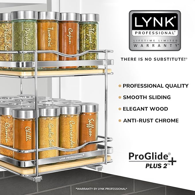 LYNK PROFESSIONAL® Élite™ Pull Out Spice Rack Organizer for Inside Kitchen Cabinets - 8-3/8 inch Wide - Slide Out Drawer – Wood/Chrome Sliding Spice Organization for cabinet - Spice Racks - 2 Tier