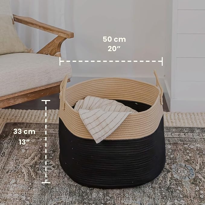 OrganiHaus Large Woven Storage Basket for Blankets and Toys 20" x 13" Inch, Rope Laundry Basket with Handles, Cushions & Pillows Storage Bin, Nursery Hamper, Soft Round Dog Toy Bin - Black/Honey