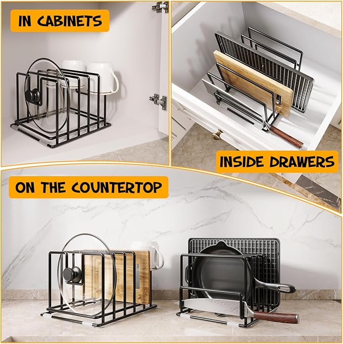2 Pack Cutting Board Organizer and Pot Lid Holder, Kitchen Cabinet Organizer Rack with 7 & 5 Compartments, Heavy-Duty Iron Baking Sheet Pan Organizer with Non-Slip Base, Space-Saving Kitchen Storage