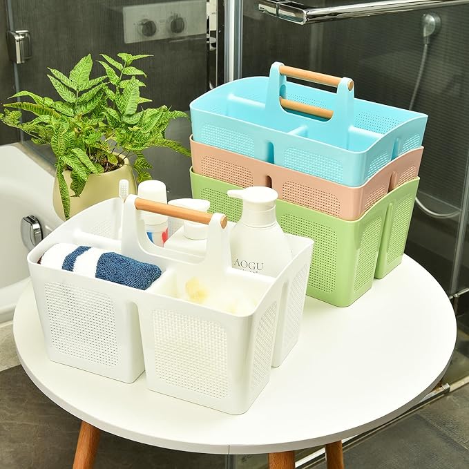 ALINK Portable Shower Caddy Basket with Compartments, Plastic Divided Cleaning Caddy Organizer Storage Tote with Handle for Bathroom, College, Dorm Room Essentials, Black