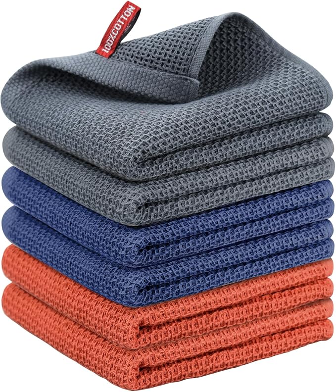 Nialnant 100% Cotton Waffle Weave Kitchen Towel,Soft Absorbent Quick Drying Dish Cloths,Dish Towels for Drying Dishes,Cleaning Rags-Multi Color(Gray+Blue+Red),13 x 28-6 Pack