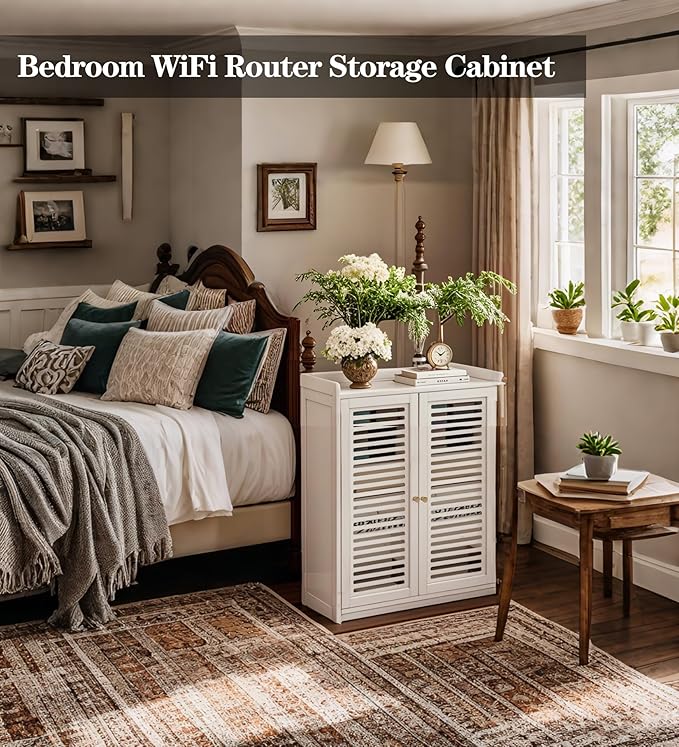 Large WiFi Router Cabinet - 23 x 10.6 x 26.5 Inch White Wireless Router Storage Box, Modem & Network Equipment Organizer with Ventilation, Cable Management for Home Office