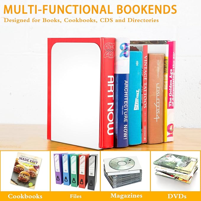 VFINE Bookends 1 Pair, White Metal Book Ends, Bookends for Shelves, Book Stopper for Heavy Books, Book Dividers for Home Office