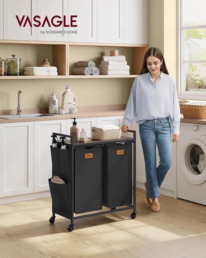 VASAGLE Laundry Hamper, Laundry Sorter Rolling Cart with Shelves, Small Side Pockets, 6 Labels, 2 Compartments, 26.4 Gal. (100 L), Ink Black and Ash Brown UBLH222BH01