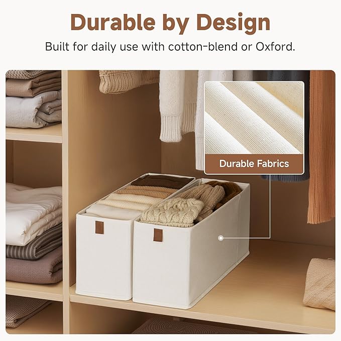 StorageWorks Fabric Storage Bins, Small Storage Bins with PU Handle, Decorative Narrow Baskets for Shelves, Ideal for Organizing Clothes, Toys, and Books, Beige, 4-Pack