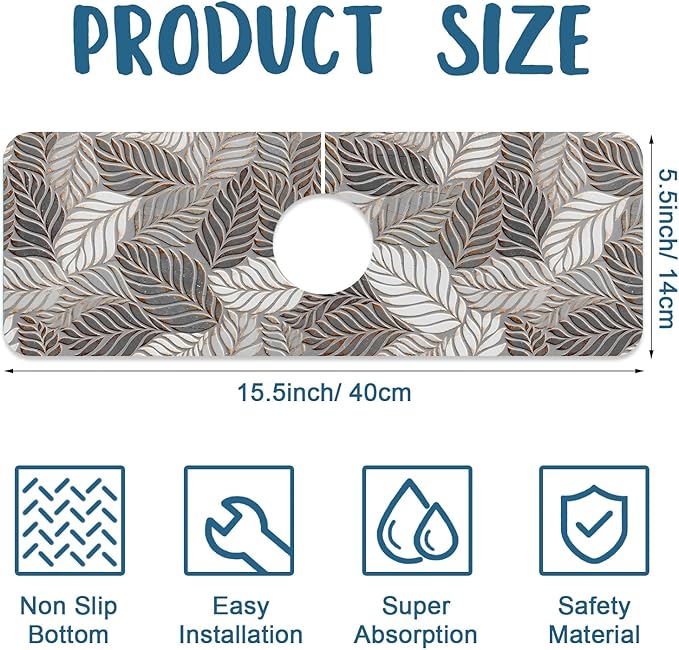 Embossed Leaf Texture Sink Splash Guard Grey Leaf Faucet Absorbing Mat Fast Drying Mat Sink Gadgets Splash Guard Behind Faucet Drip Catcher for Kitchen Bathroom, 15.5"x5.5"