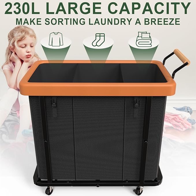 230L (60 Gal) Extra Large Fashion Laundry Sorter 3 Section with Lid, Rolling Laundry Basket Hamper with Handle, Laundry Organizer Storage Cart with Sturdy Metal Frame for Laundry Room, Hotel, Black