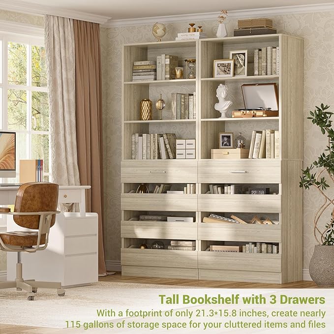 Aheaplus 21.3" Closet System with 4 Drawers, Wood Closet Organizer with Open Shelves, Modular Drawers System Tower, Walk-in Closets Small Wardrobe Rack, Tall Storage Cabinet Unit, White Oak