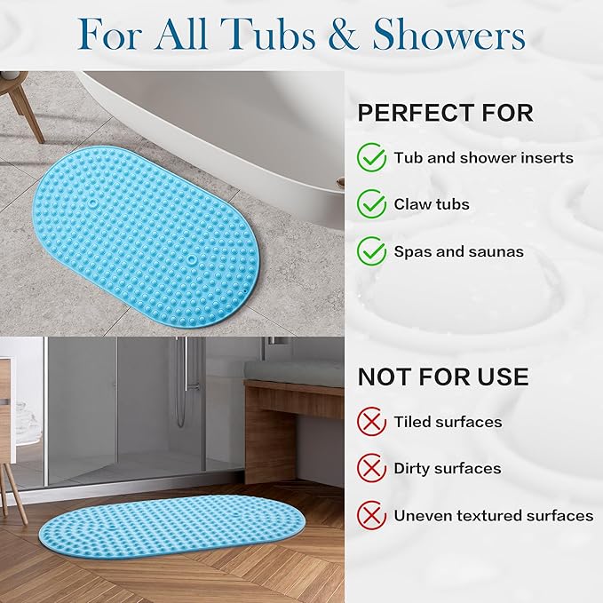 Joiyota Silicone Bathtub & Shower Mat Non Slip, Bubble Massage Anti Slip Shower Floor Mat with 27 x 15 Inches for Easy Storage, Machine Washable Bath Mat for Tub with All Ages, Blue, Oval