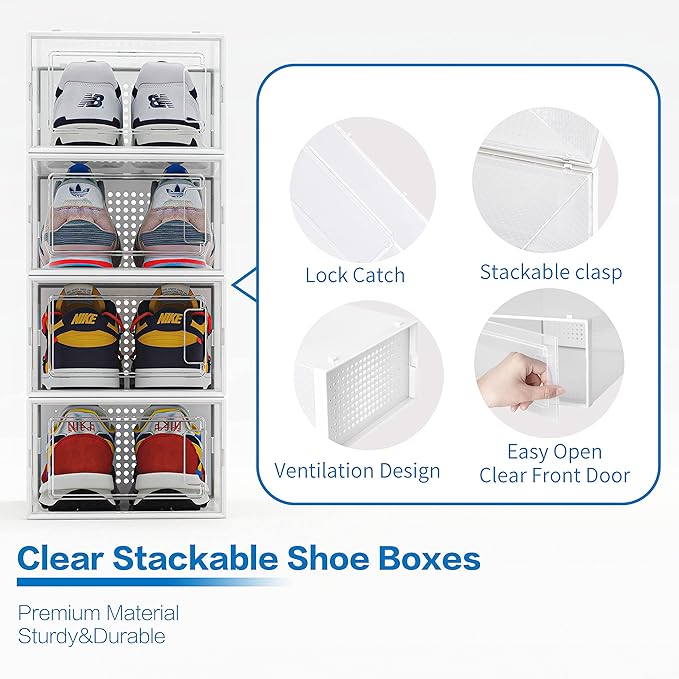 Seseno 12 Pack Shoe Organizer Storage Bins Clear Plastic Stackable Shoe Boxes for Closet, Space Saving Foldable Shoe Storage Case, Sneaker Storage Shoe Box Container