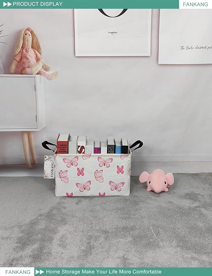 FANKANG Storage Bins, Nursery Hamper Canvas Laundry Basket Foldable with Waterproof PE Coating Large Storage Baskets for Kids Boys and Girls, Office, Bedroom, Clothes,Toys(Rec-pink butterfly ）