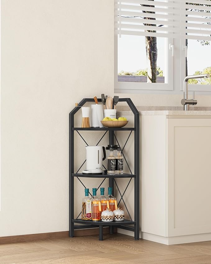 3-Tier Corner Shelf, Industrial Corner Bookshelf, 35.4" Storage Stand, Plant Stand Display Shelf, Bookcase for Bedroom, Living Room, Home Office, Black TCJ03BB ﻿