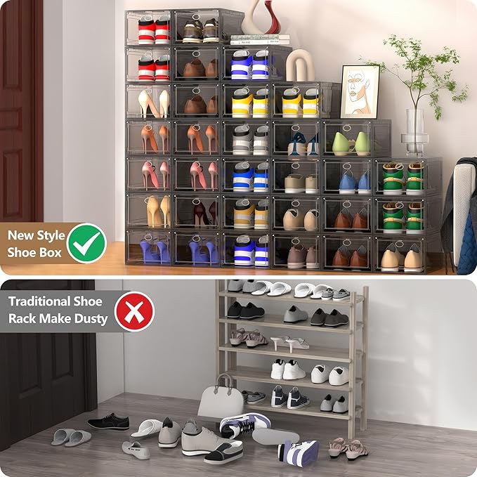Katoora XX Large Clear Shoe Storage Box Organizer for Closet, 9 Pack Thicken Hard Plastic Stackable Shoe Sneaker Rack Display Case Container Bins Organizer, Easy Assembly, Grey