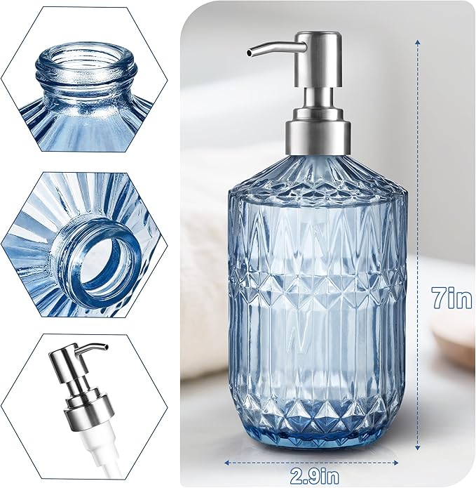 Kaishun 13 Oz Refillable Soap Dispenser, Glass Soap Dispenser for Dispense Hand Soap, Dish Soap, Lotion (Blue)