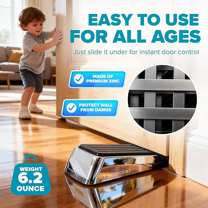 Strongest Home Heavy Duty Door Stopper Wedge (4 Chrome PCs) | Non-Slip Rubber and Metal Door Stop for Heavy Doors | Work on Wood, Tile, Carpet + 4 White Wall Protectors