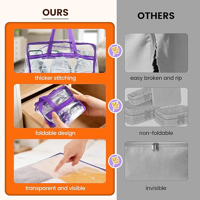 10 Pack Clear Clothes Storage Bags, Double Zipper Design 40L Underbed Moving Bags for Blankets and Clothes, Large Capacity Closet Organizers and Storage for Dormitory, Bedroom, Closet-Purple