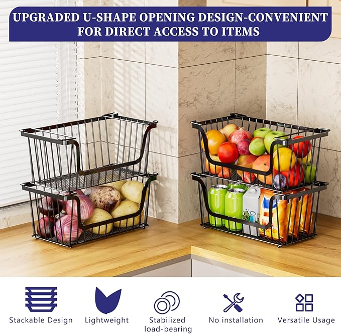 5 Pack Enhanced Leak-Proof Bottom Stackable Wire Baskets, Pantry Organizers and Storage, pantry storage，Shelf Baskets, Fruit Basket, Potato and Onion Storage Bins，(Black)