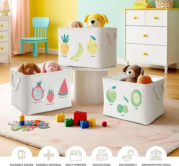 DECOMOMO Toy Storage Baskets for Shelves - 40L Kids Storage Bin for Nursery Décor, Baby, Laundry, Toys (Fruit Print, XXL - 3 Pack)
