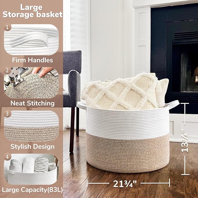 Goodpick Large Cotton Rope Basket, 83L Big Woven Storage, Blanket Organizers and Storage, Baby Nursery Laundry Basket, Extra Large Toy Bin for Storage, 21.7 x 13.8 inches